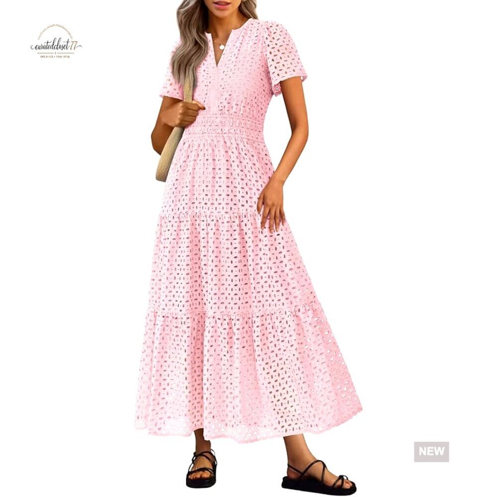 Summer Maxi Dress V-Neck Eyelet Hollow Out A-Line Flowy Beach Vacation